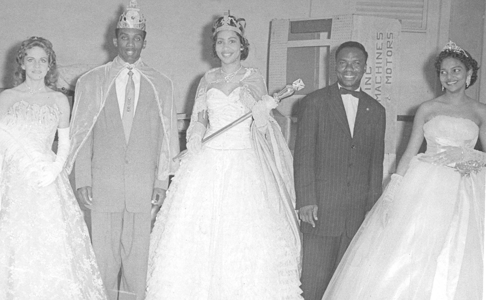 King Leader, Claudina Bagnal and Basil Henderson with two queen contestants 1958